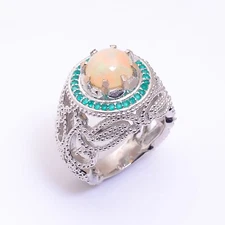 Genuine Ethiopian Opal Round Gemstone 925 Sterling Silver Women Designer Ring