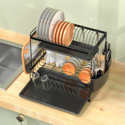 2 Layer Kitchen Dish Cup Drying Rack Drainer Dryer Tray Cutlery Holder Organizer