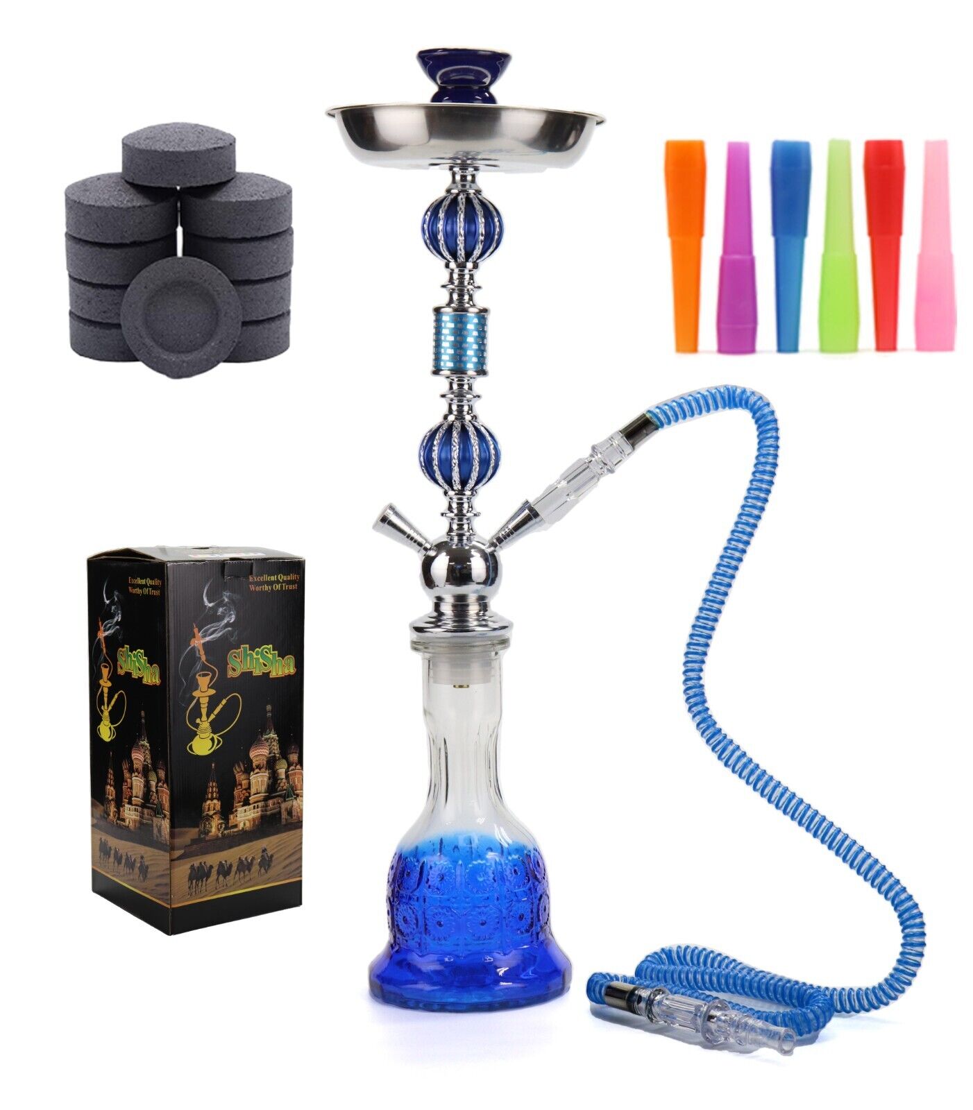 1-Hose Hookah 26 Waterpipe  Complete Set Shisha Coals + Tips w/box BLUE. Available Now for 44.95