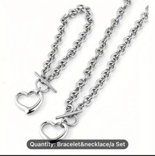 Silver Heart Pendant Necklace Set Clear Rhinestone Love Bling Choker  Bracelet