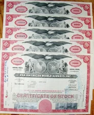 Dealers lot. 5 red stock certificates Pan Am (American) World Airways (B45)