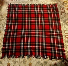 Wool Blanket Red Tartan Plaid Throw Picnic Deck Rolled Fringe Vintage