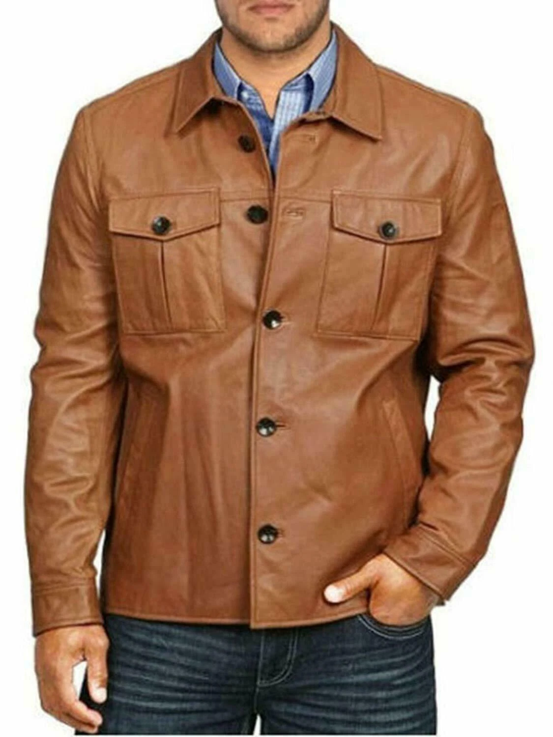 Men's Leather Trucker Jacket Motorcycle Slim fit Biker Genuine Lambskin Buttoned