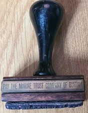 Vintage Wooden Check Stamp “Pay The Marine Trust Company, Buffalo NY”