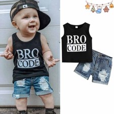 Toddler Baby Boys Sleeveless Letter Print Tank Tops Denim Shorts Outfit Set