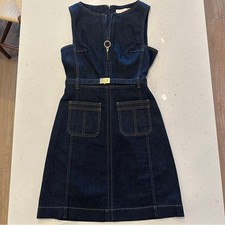 NWOT Tory Burch Dark Blue Denim Dress Size 0 Gold Cinched Belted Waist Trendy