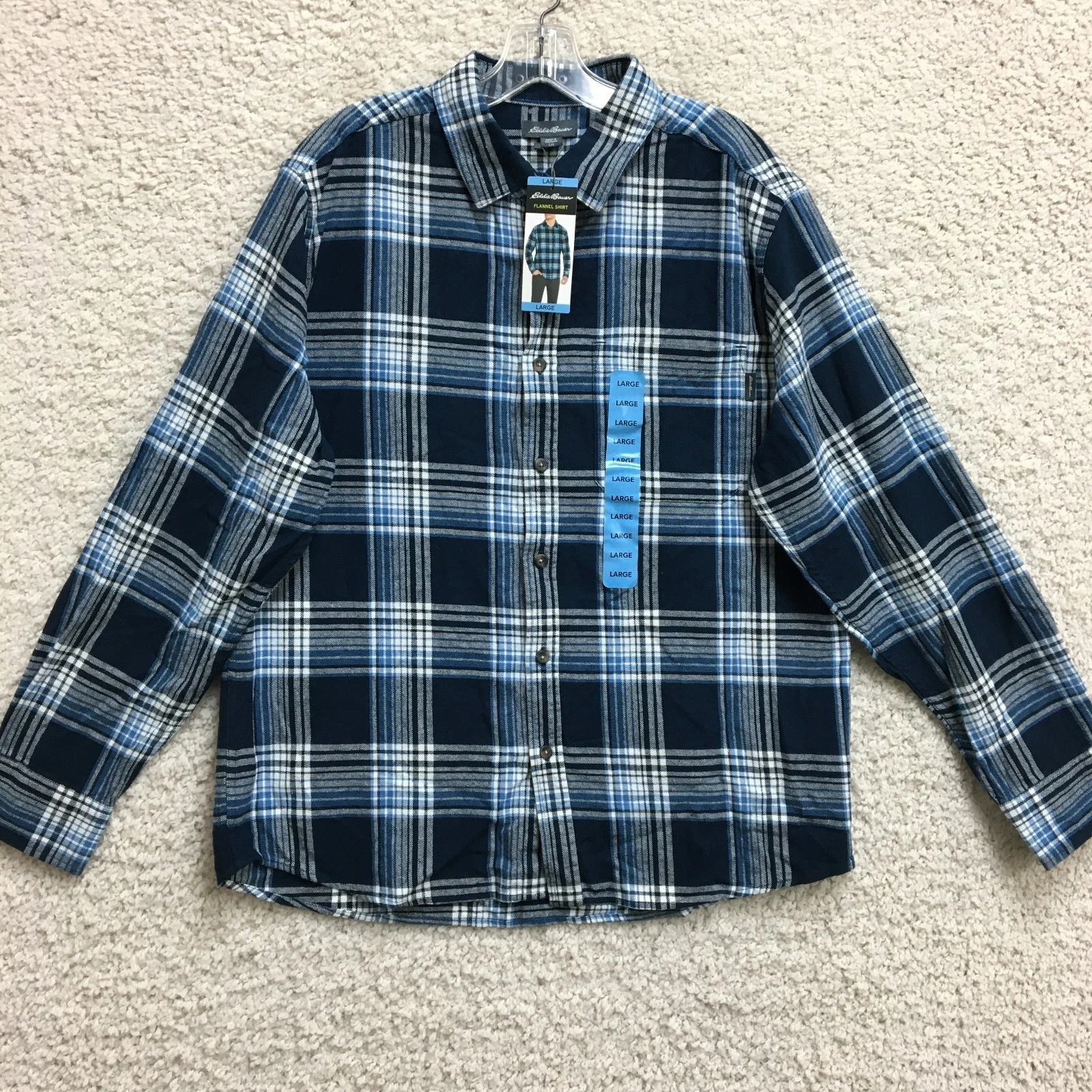 NEW Eddie Bauer Button Up Shirt Large Adult Blue Flannel Plaid Long Sleeve Mens