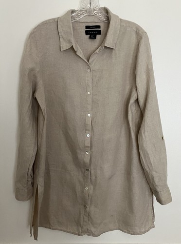 Tahari 100% Leinen Tunika Button Down beige Shirt Rollriegelärmel großer Langenlook
