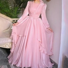 Modest Prom Dress Long Sleeve Sexy Floor Length Evening Dress Pleats Party Gown