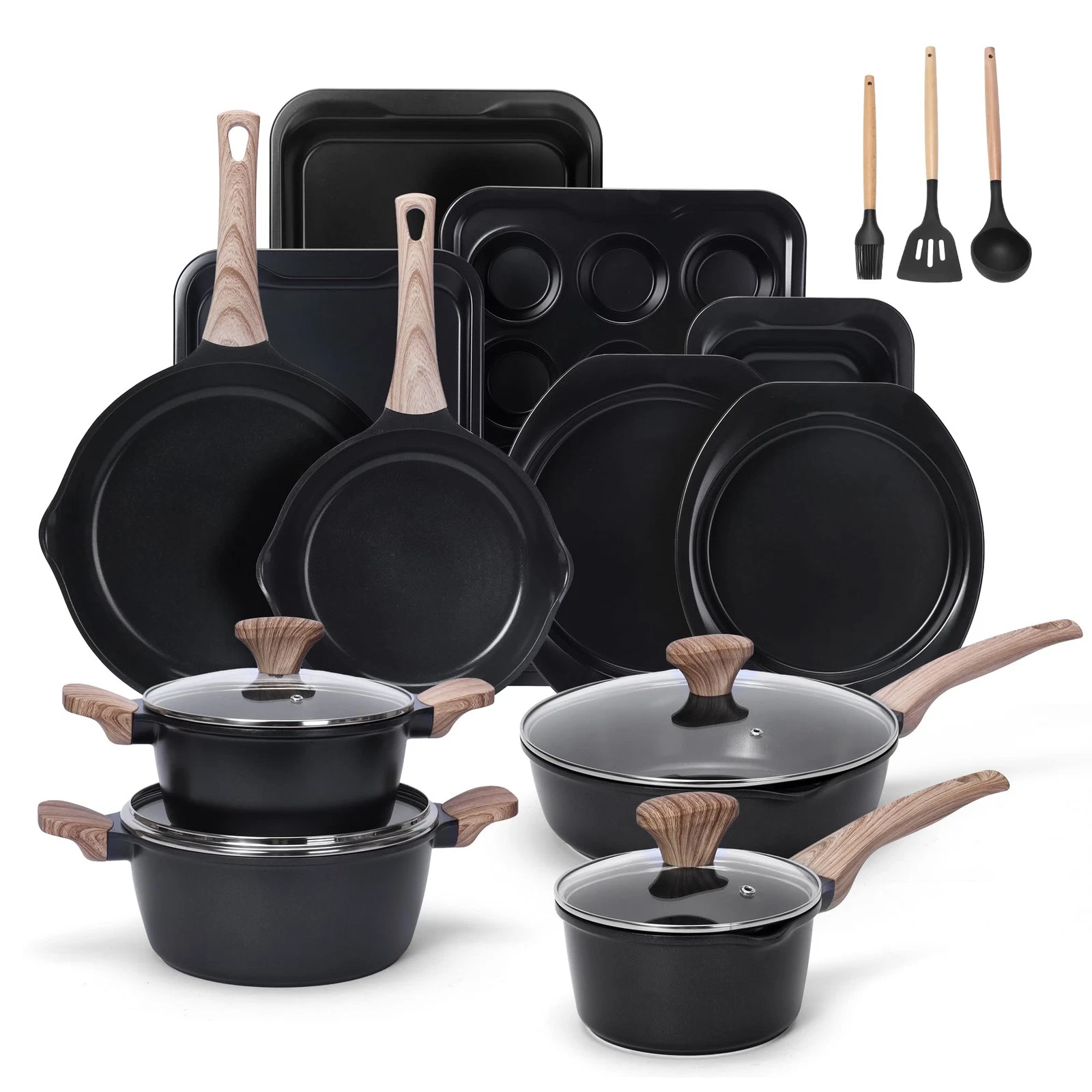 19pc Non Stick Pots & Pans Set With Utensils Bowls Ladles Roasting Trays - Black