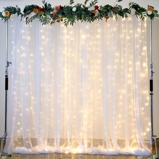 White Tulle Backdrop Curtain with Lights String for Parites 10 8ft Sheer Backdro