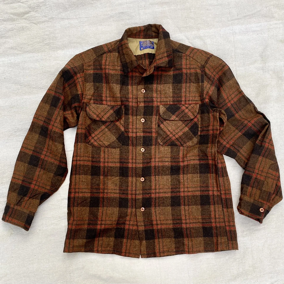 Vintage 1970s Men's Pendleton Loop Collar Rust Brown Black Plaid Board Shirt M - Image 4 of 4