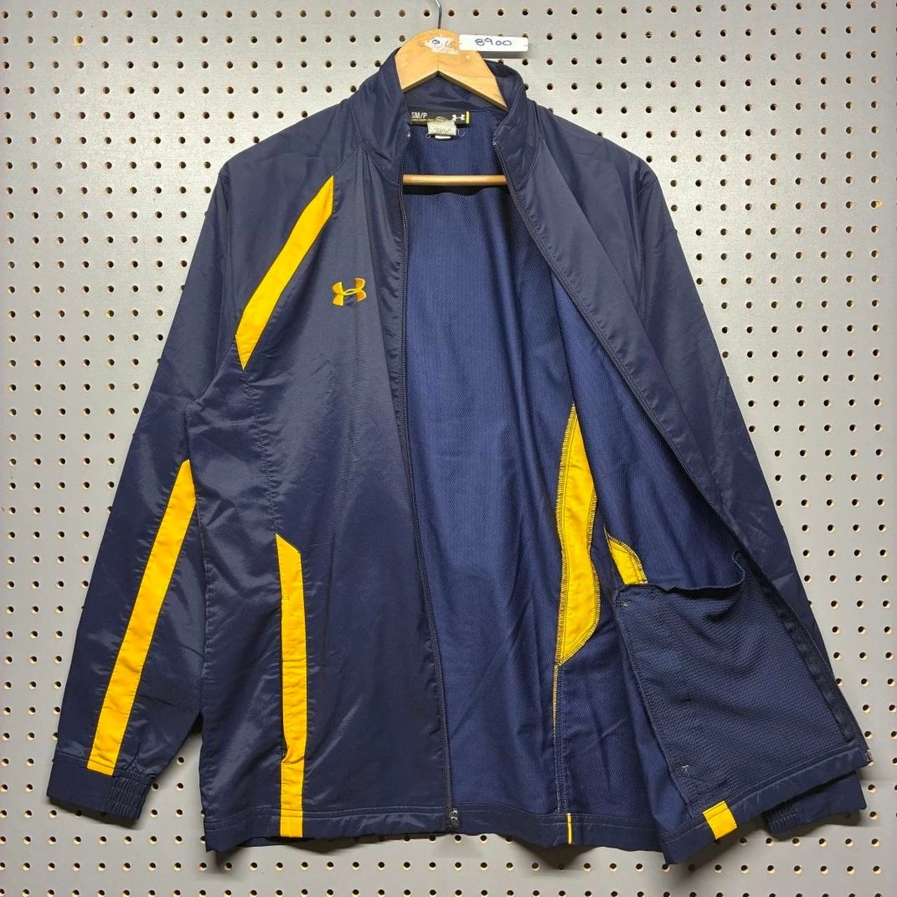 Under Armour Mens Windbreaker Jacket Navy Yellow Zip Up Mock Neck Small - product detail image 3