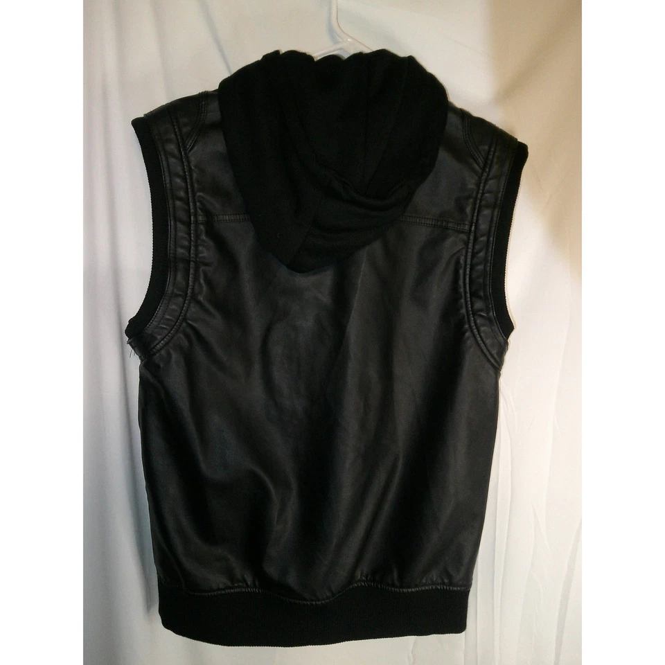 Vintage Guess Los Angeles Black Faux Leather Hooded Vest Mens Medium - Image 2 of 3
