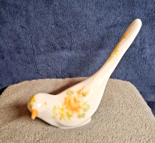 Fenton Glass Bird Of Happiness Hand Painted Yellow roses. Signed by artist