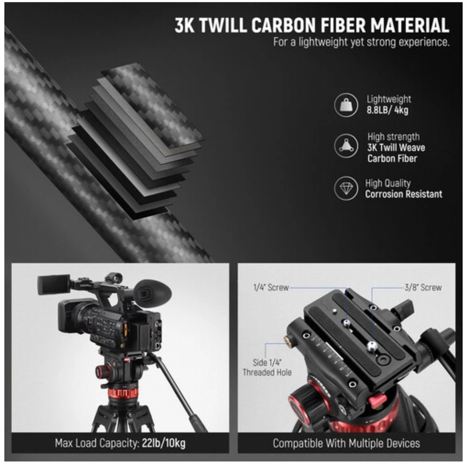 Neewer TP76 78"Professional Carbon Fiber Video Tripod with Adjustable Fluid Head - Image 2 of 4