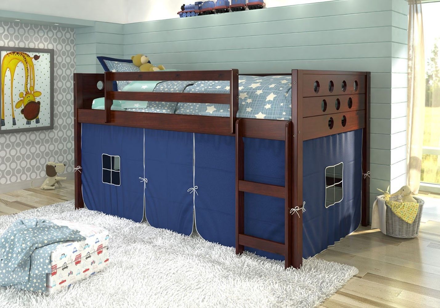 bunk bed with tent underneath