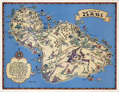 Vintage Maui Map Print Wall Art Historical Pictorial Hawaiian Island Poster Repr