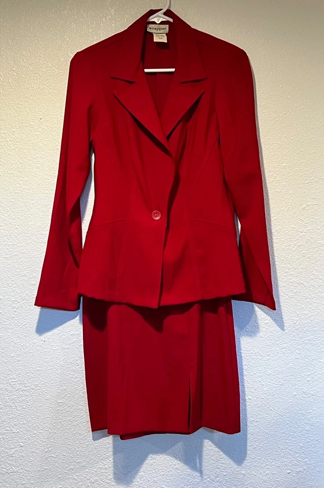 Traje Falda Envolvente Rojo Vintage Y2K 2 Piezas Falda Corta con Abertura y Chaqueta Ajustada Foto 2 de 4