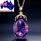 Gold Plated  Amethyst Glass Crystal Pendant Necklace Chain Dark Purple