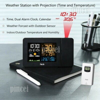 FanJu FJ3391 Weather Station Projection Alarm Clock For Temperature Humidity