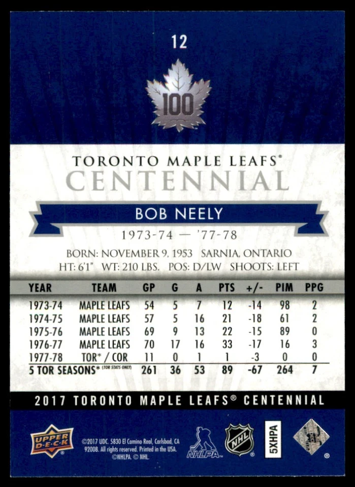 2017-18 Upper Deck Toronto Maple Leafs Centennial Bob Neely #12 - Image 2 of 2