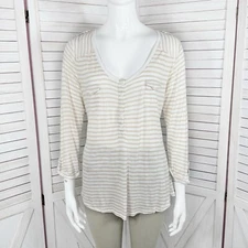 89th & Madison Striped Shirt Medium Beige White V Neck Pocket Tee Roll Sleeve