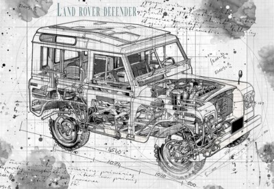Line Tech Zeichnung Land Rover Defender Auto Car Classic Cutaway Kunst Poster Druck