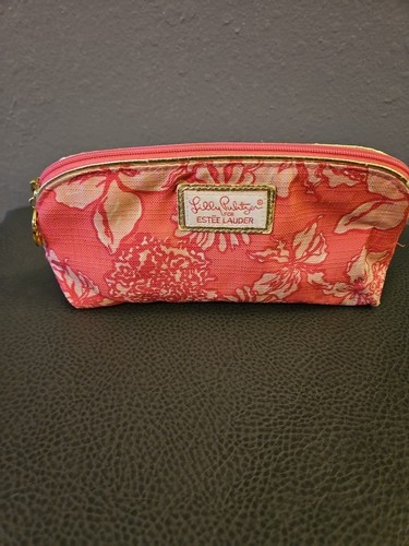 Lilly Pulitzer for Estee Lauder PINK Floral Cosmetic Bag w/ Gold Trim Travel
