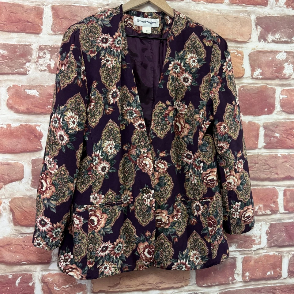 Blazer De Colección Norton McNaughton Mujer 12 Borgoña Multicolor Boho Floral Chaqueta Foto 2 de 4
