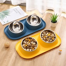 Stainless Steel Dog Cat Feeder Feeding Double Bowls Pet Bowl Water Food Dish