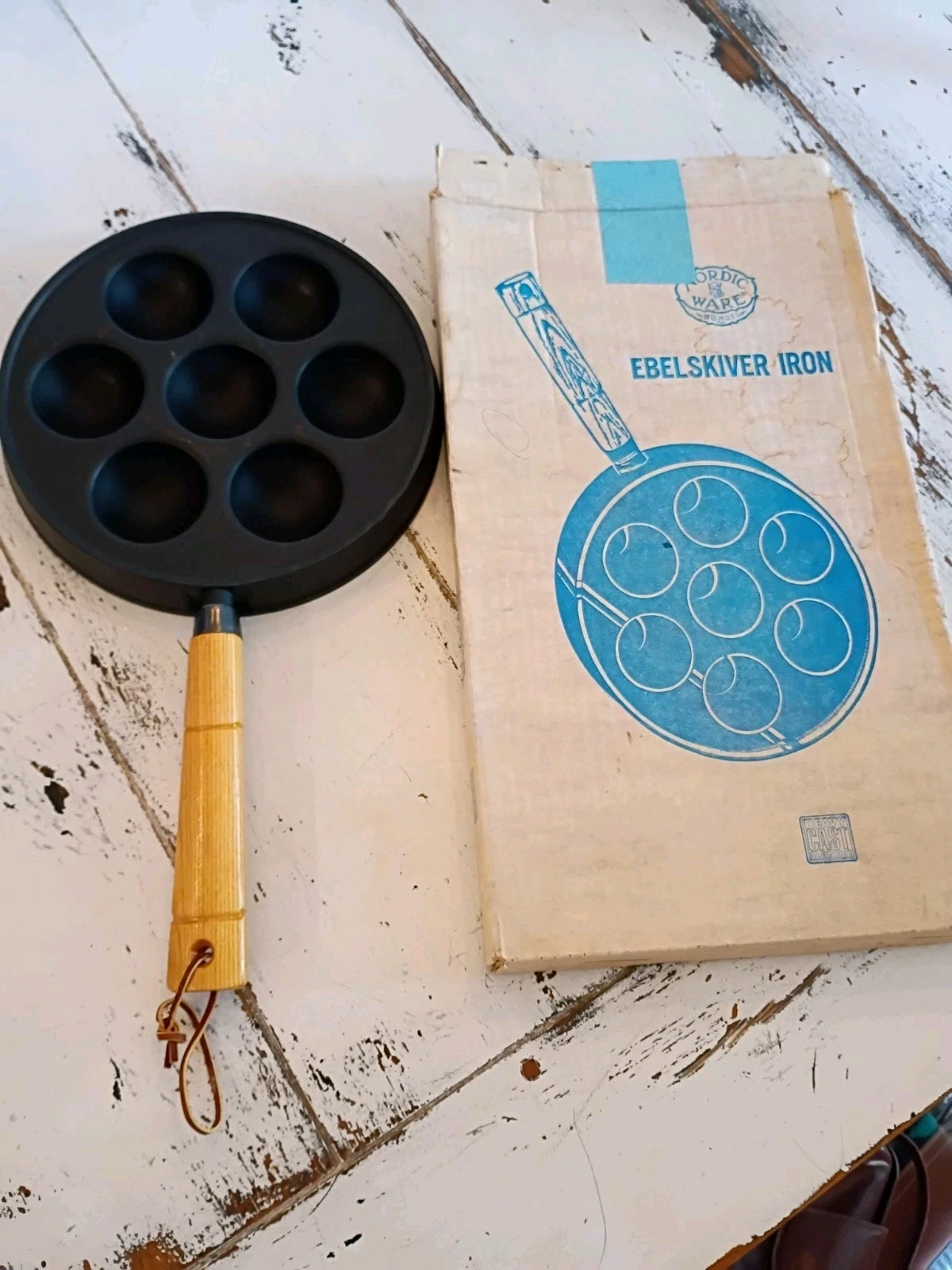 Vintage Nordic Ware Ebelskiver Iron Pan Original Box Wood Handle Recipes Y2K