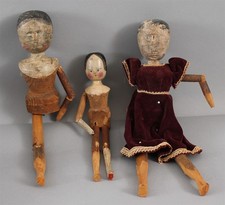 3 Antique Primitive Folk Art Carved & Painted Wood Peg Penny Dolls, NO RESERVE