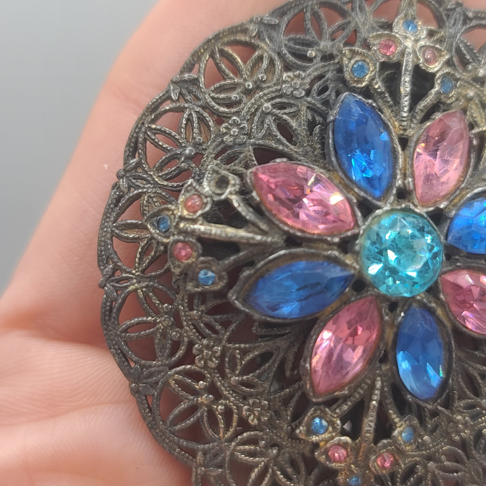 Vintage Rhinestone Dress Clip Pastel Blue Pink Silver Tone