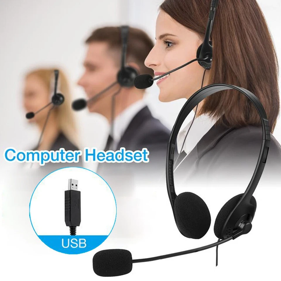 USB Headset Headphones Wired with Microphone for Call PC Computer Laptop Black - Image 2 of 4