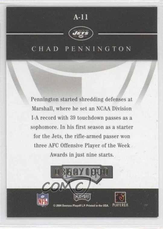 2004 Playoff Honors Accolades /1000 Chad Pennington #A-11 - Image 2 of 2