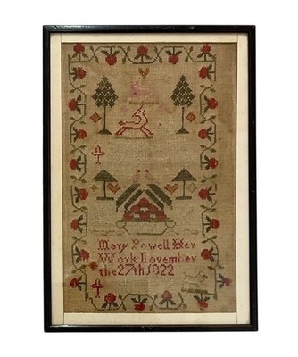 Georgian Needlework Sampler Numbers,Letters,Trees,Deer,Birds Antique C1822