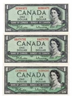 LOT OF THREE 1954 (1961-71) CANADA ONE DOLLAR NOTES - p74b XF/UNC