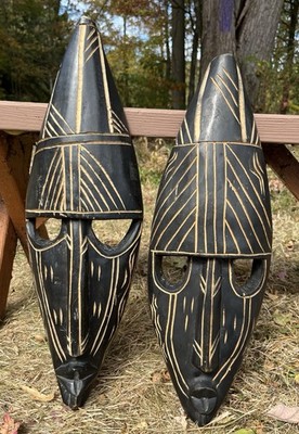 Set Of Two Hand Carved Black Wood African Mask Wall Hanging Decor