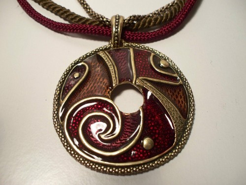 Chico's Vintage Moreau Enameled Pendant Necklace Bronze Disc Dangle Earrings Set - 第 3/4 張圖片