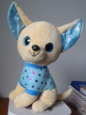 CHIEN CHIHUAHUA  TOYS COMPANY 32X 24 CM  PELUCHE BEIGE GROS YEUX TEE SHIRT BLEU