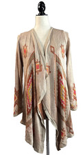 Long Cardigan M Tan Red Orange Aztec Southwestern Open Artsy Earthy Cowgirl