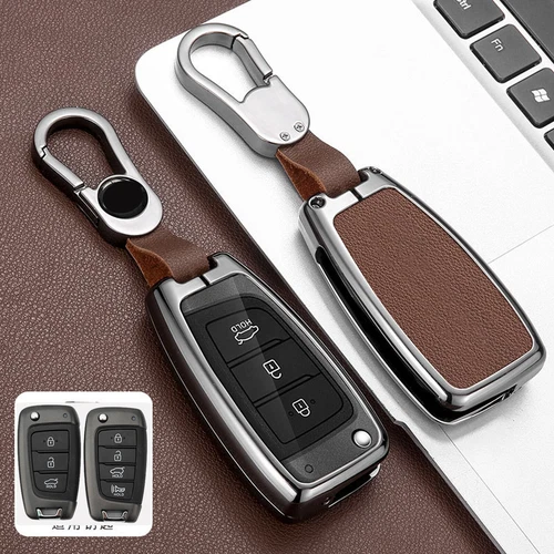 For Hyundai Accent Kona Sonata i30 Zinc Alloy Leather Remote Key Fob Case Cover - Foto 13 di 20