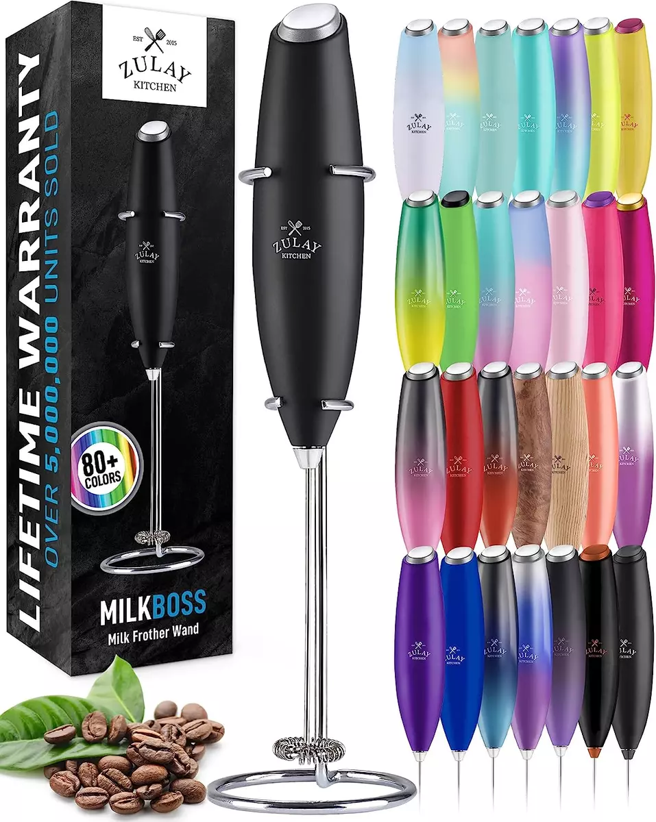 Zulay Kitchen Milk Frother with Stand Handheld Electric Whisk for Coffee  Latte and Matcha Black