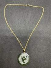 Green Jade Necklace Chain pendant Carved scorpio zodiac sign gold tone 17”