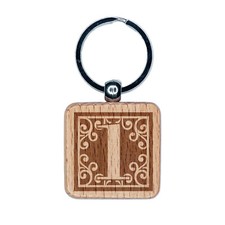 Monogram Swirls Number 1 One Engraved Wood Square Keychain Tag Charm