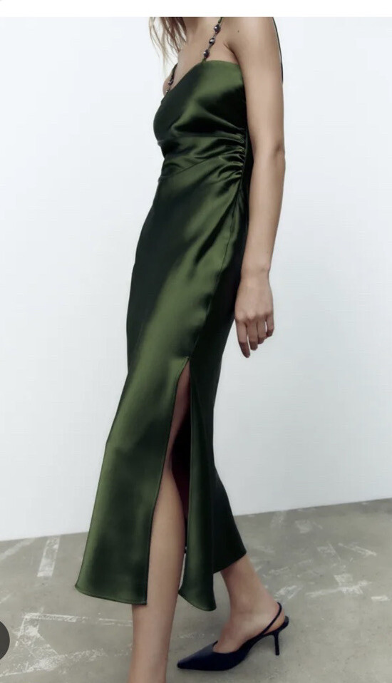 【sahara/サハラ】TulleSleeveSatin Dress Zara Green Satin Effect Dress With Jewel Straps Size L 8861