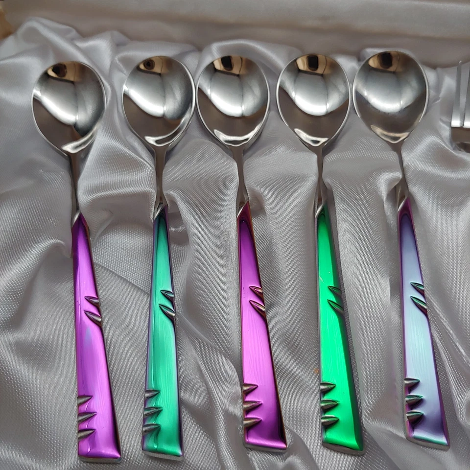5 Demitasse Spoons & 5 Cocktail Forks - vtg 1990s Colorful Metallic Dinner Mate - Image 2 of 4