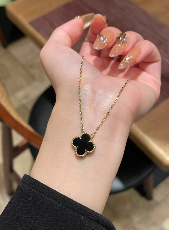 Van Cleef & Arpels Vintage Alhambra 18K Yellow Gold Black Onyx Necklace Pendant