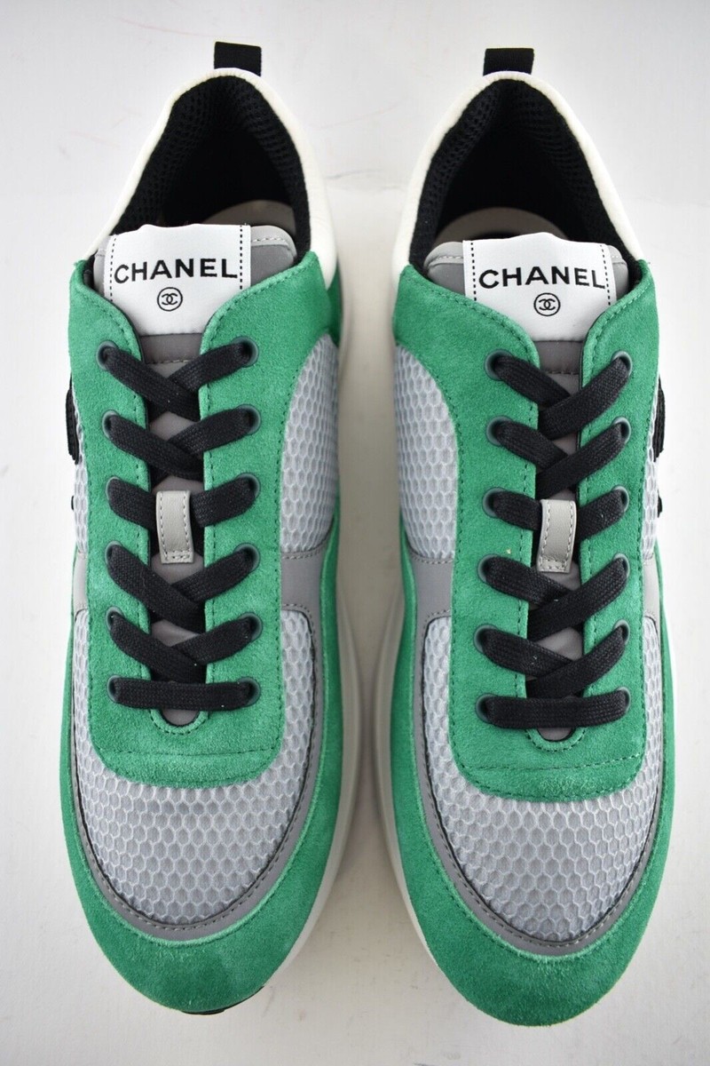 Chanel 22P Mens Green Black Grey CC Logo Low Top Lace Up Trainer